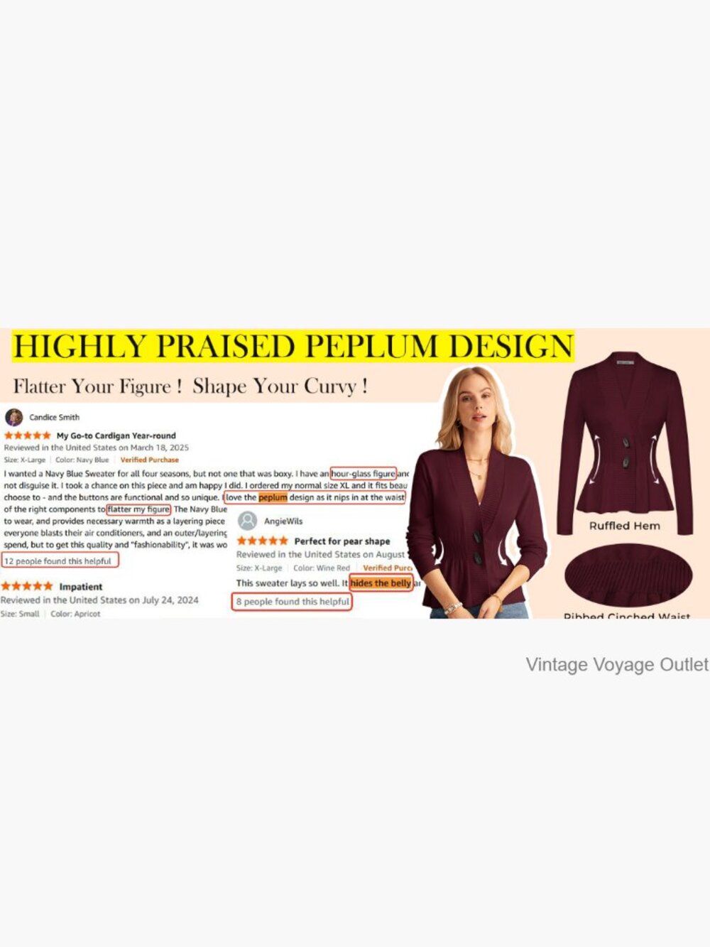 Cropped Peplum Cardigan Sweater, Long Sleeve Button Front, Lightweight Knit - Picture 6 of 7